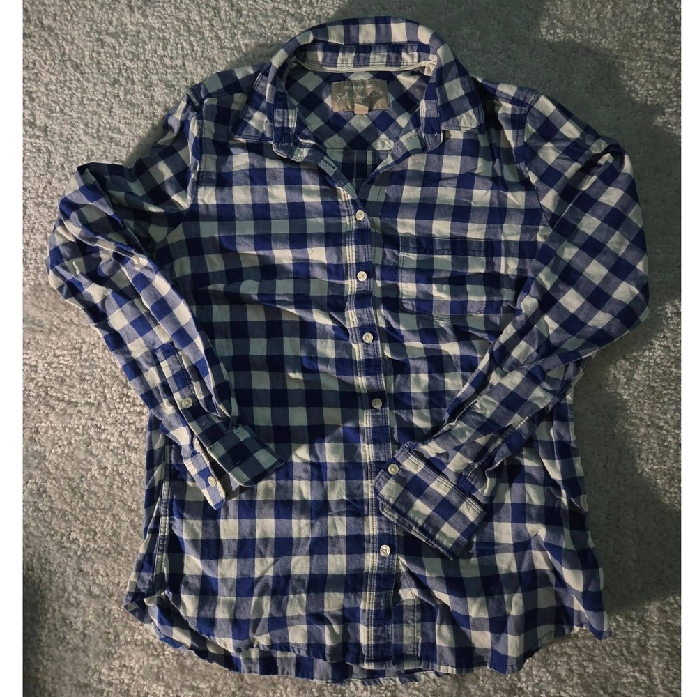 Banana Republic Button Down Shirt Navy White Gingham Soft Wash Cotton Women XS‎ - Picture 2 of 8